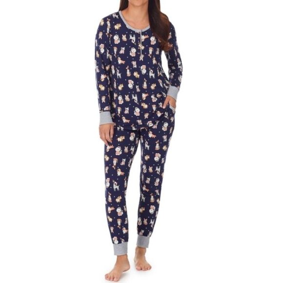 Cuddl Duds Holiday Dogs Print 2 Pc Navy Pajama Set With Pockets - M - Picture 1 of 12